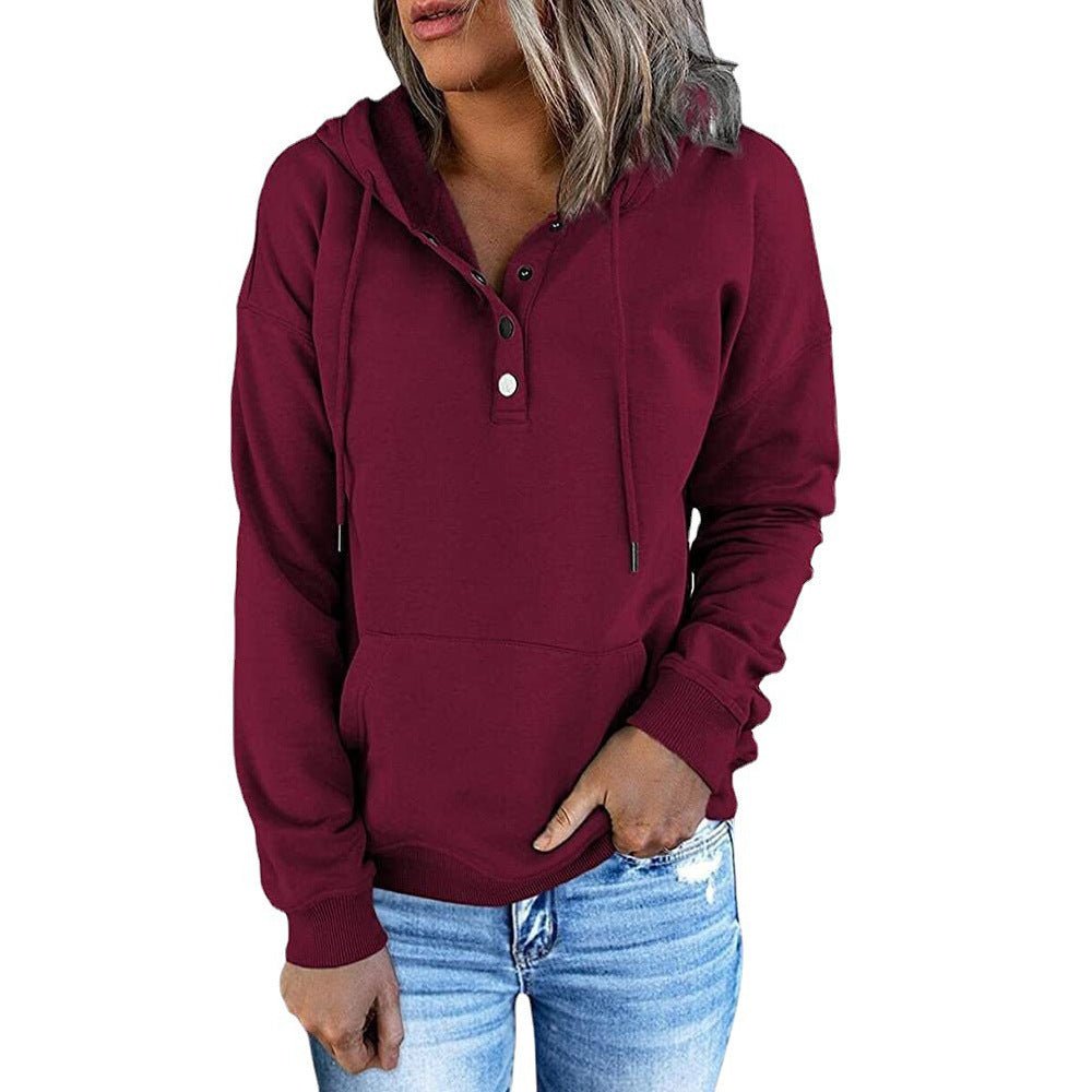 Long-sleeved Hooded Sweatshirt With Pockets Fashion Casual Button Drawstring Design Hoodie Top Spring And Autumn Sports Clothing For Women - RICALOUX