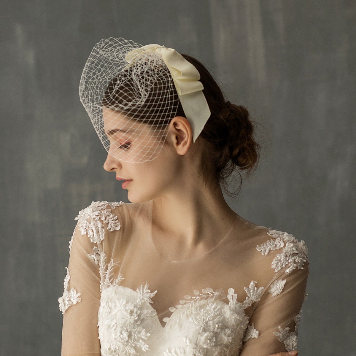 European And American White Mesh Bow Veil - RICALOUX