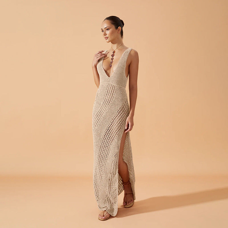European And American-style Solid-color Sexy V-neck Slit Knit Beach Dress For Women by Ricaloux