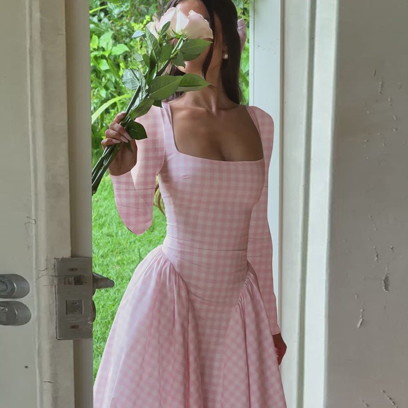 Sexy Tartan Skirt Fashion High Waist Big Swing Long Sleeve Dress - RICALOUX