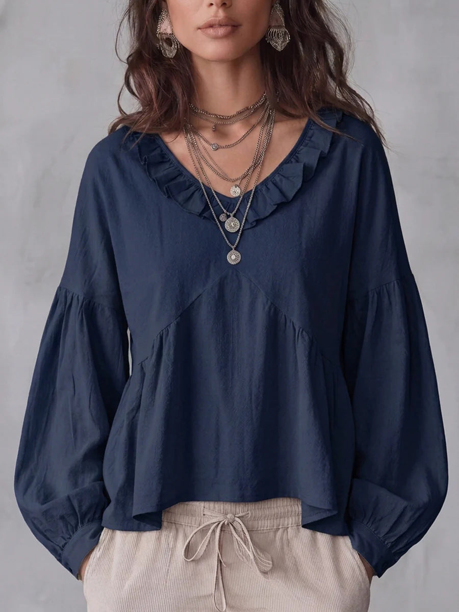 Vintage Lace-trimmed V-neck Long-sleeve Blouse – Premium 0 | RICALOUX