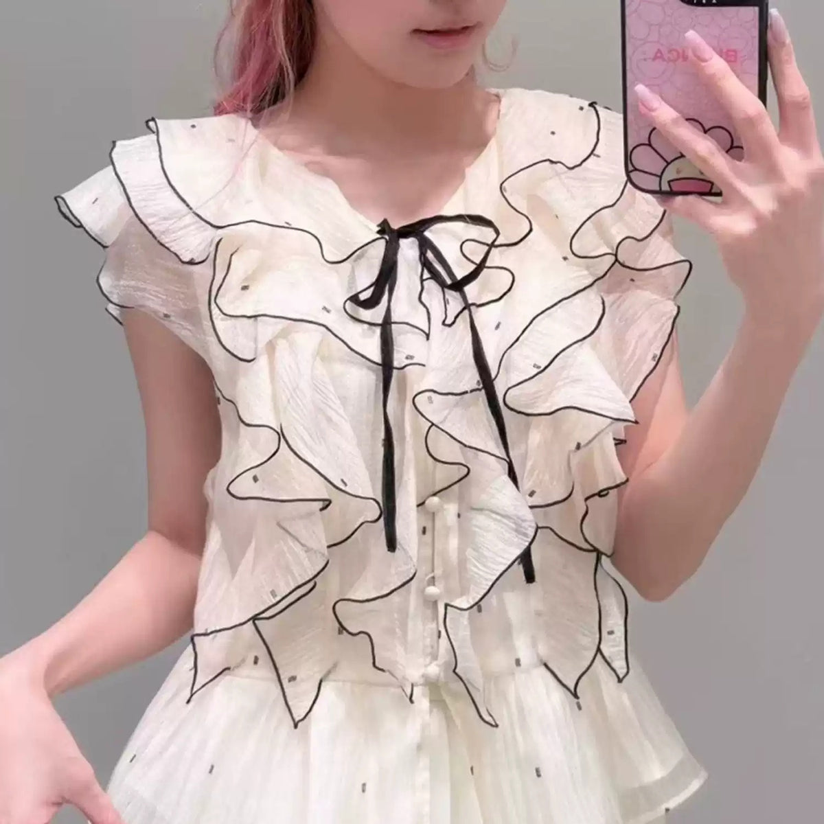 Sweet Petal-Print Ruffled Hem Bow-Tie V-Neck Shirt – Premium 0 | RICALOUX