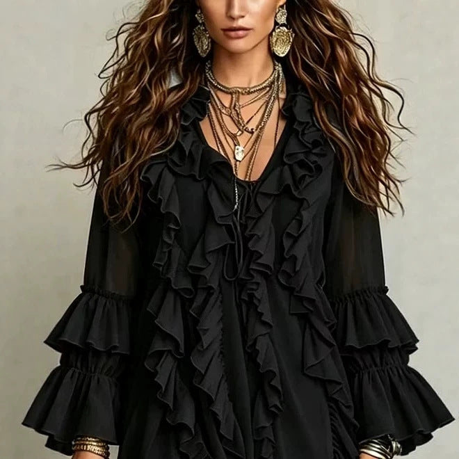 V-neck Ruffled Flared-sleeve Chiffon Dress by Ricaloux