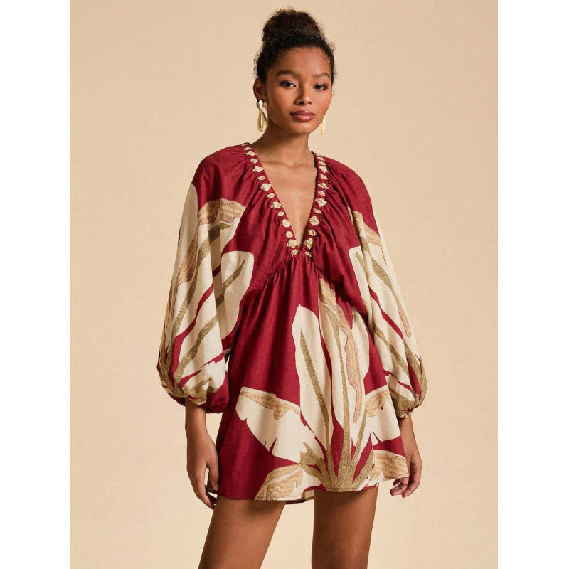 Womens Short Printed Long-Sleeve V-Neck Dress by Ricaloux