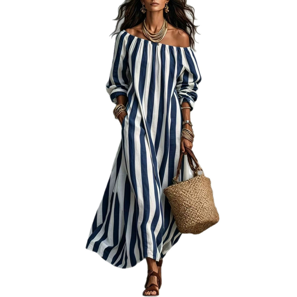 Striped Off Shoulder Vacation Dress by Ricaloux