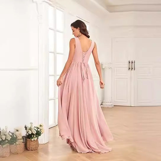 V-neck Pleated Slit Chiffon Dress With Tie Straps – Premium 0 | RICALOUX