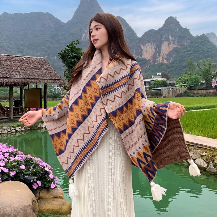 Ethnic-style Knitted Tassel Shawl – Premium 0 | RICALOUX