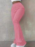Womens Casual Simple Stylish Slim-Fit Ribbed Solid-Color High-Waisted Trousers by Ricaloux