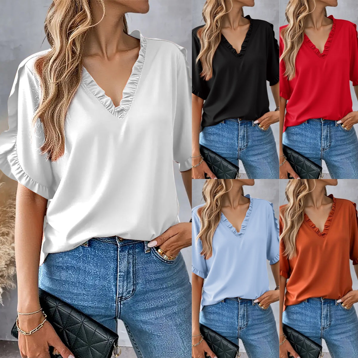 Womens Summer Simple Solid-Color Short-Sleeve Top – Premium 0 | RICALOUX