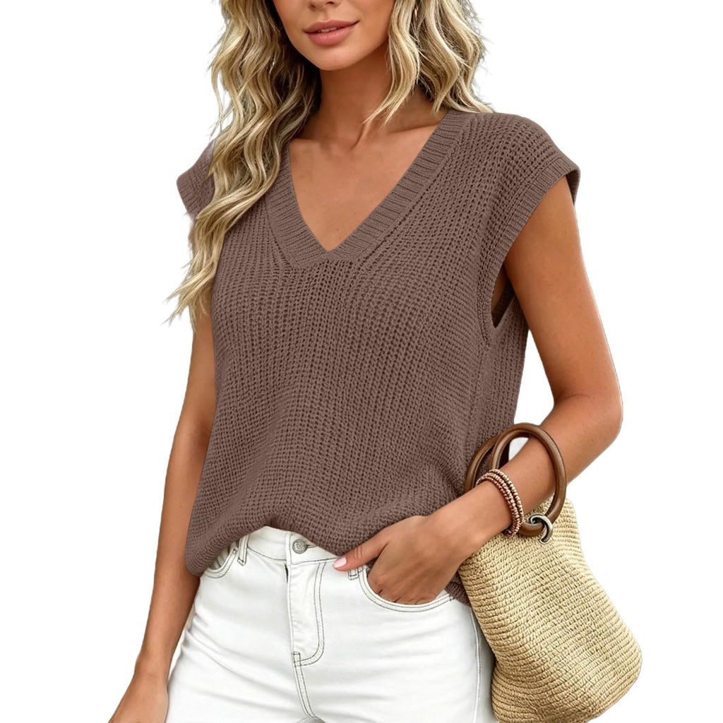 Summer Thin Knit Vest Loose Sleeveless Camisole Top V-neck Sweater Top by Ricaloux