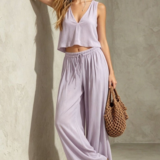 V-neck Solid-color Sleeveless Camisole And Wide-leg Pants Casual Set by Ricaloux