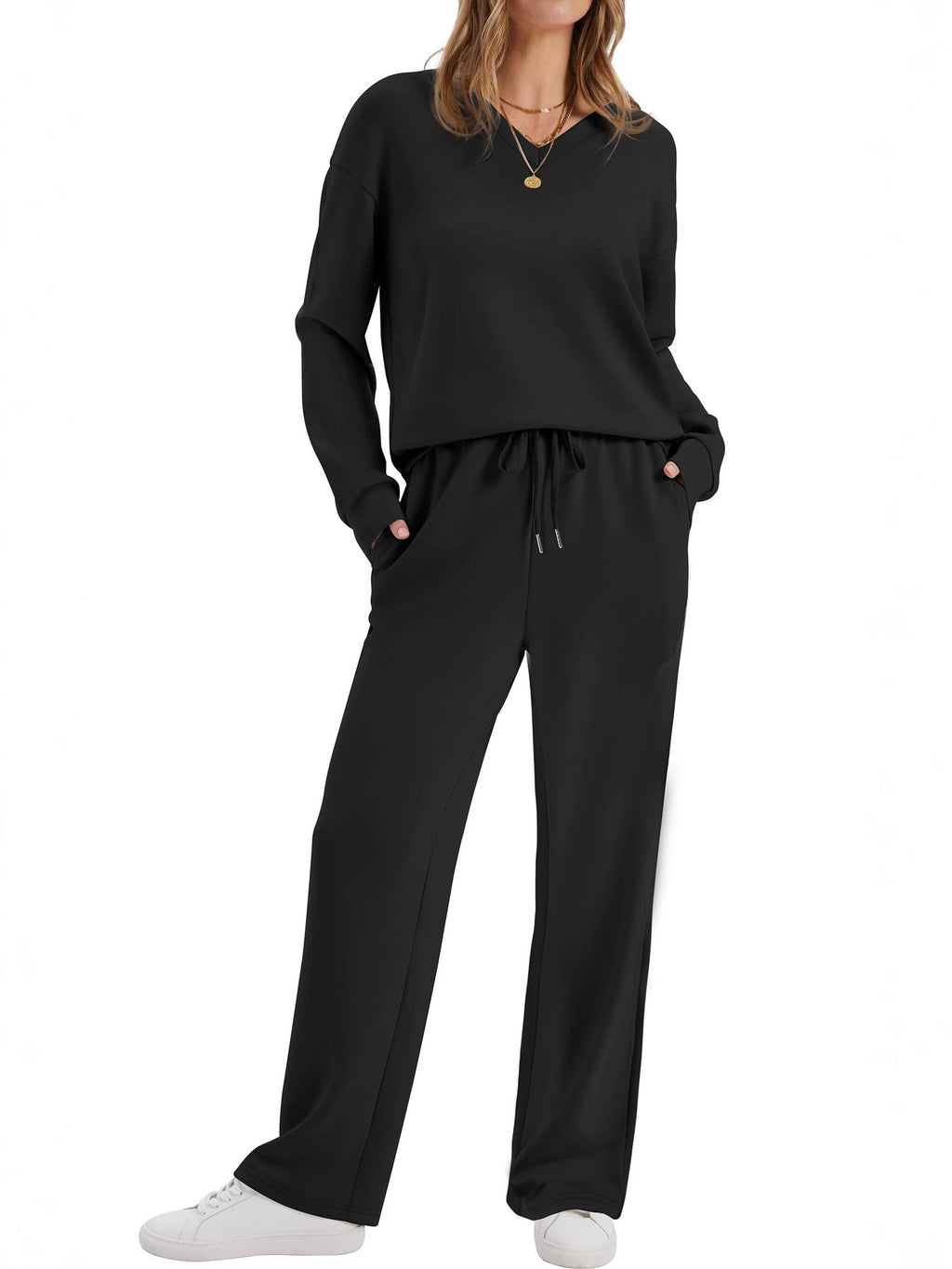 Womens Long-Sleeve Drawstring Casual Pants Set by Ricaloux