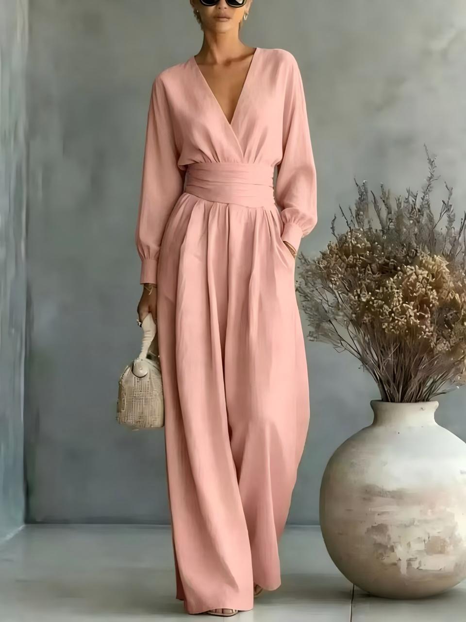Fitted-waist V-neck Long-sleeve Womens Solid-color Jumpsuit – Premium 0 | RICALOUX