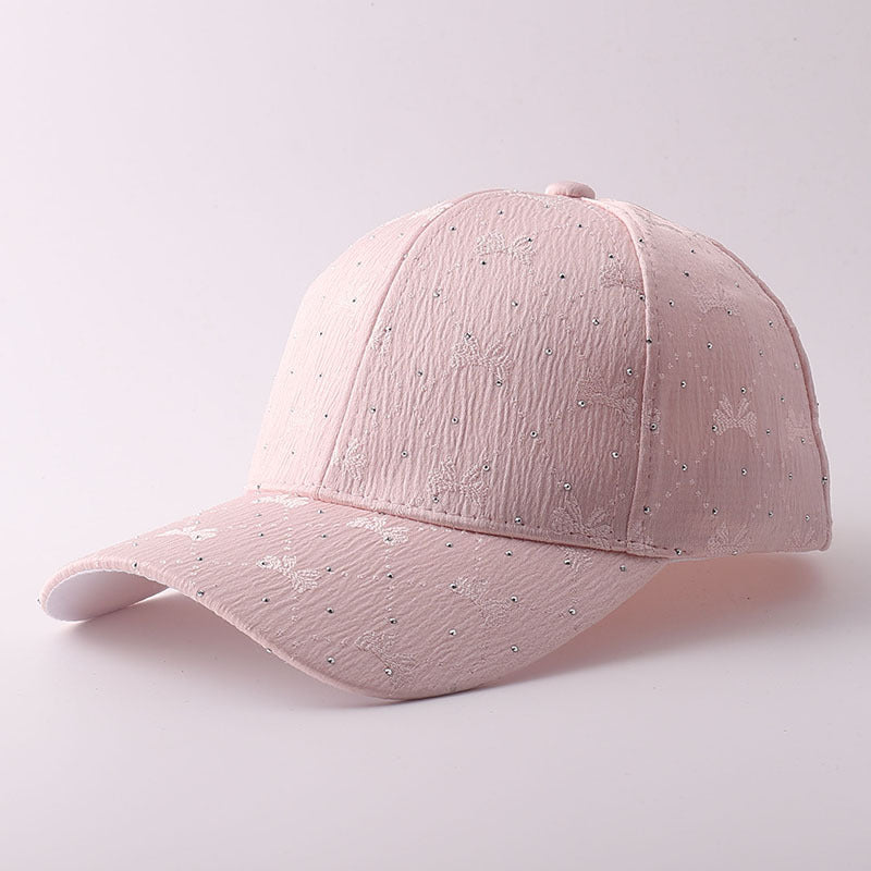 Korean-style Soft Style Bow Tie Rhinestone Baseball Cap With Textured Pleats And Breathable Brim Outdoor Versatile Hat For Outings With A Curved Brim by Ricaloux