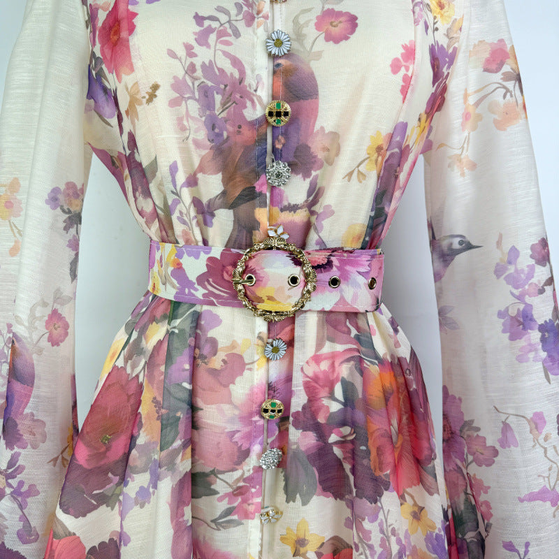 Stand-collar Single-breasted Dress With Puff Sleeves A Fitted Waist by Ricaloux