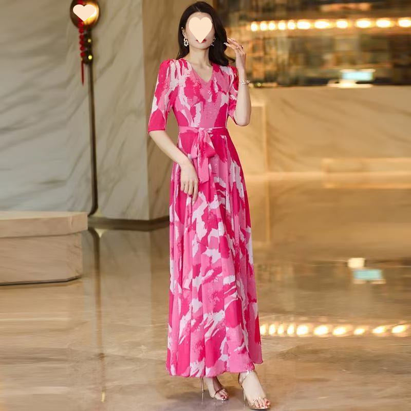 Spring Summer Printed Dress With A Fitted Waist Slimming Maxi Skirt by Ricaloux
