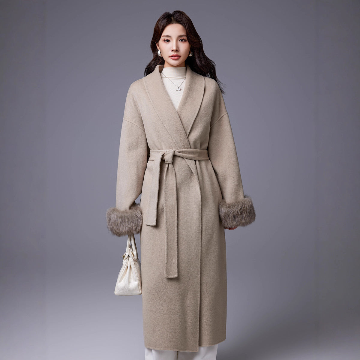 Thickened Coat With Fox-fur Sleeves Womens Belted Wool Blend by Ricaloux