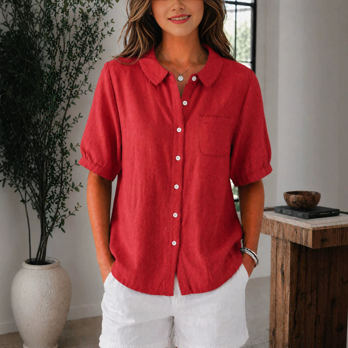 Womens Solid-color Loose-fit Casual Work Top by Ricaloux