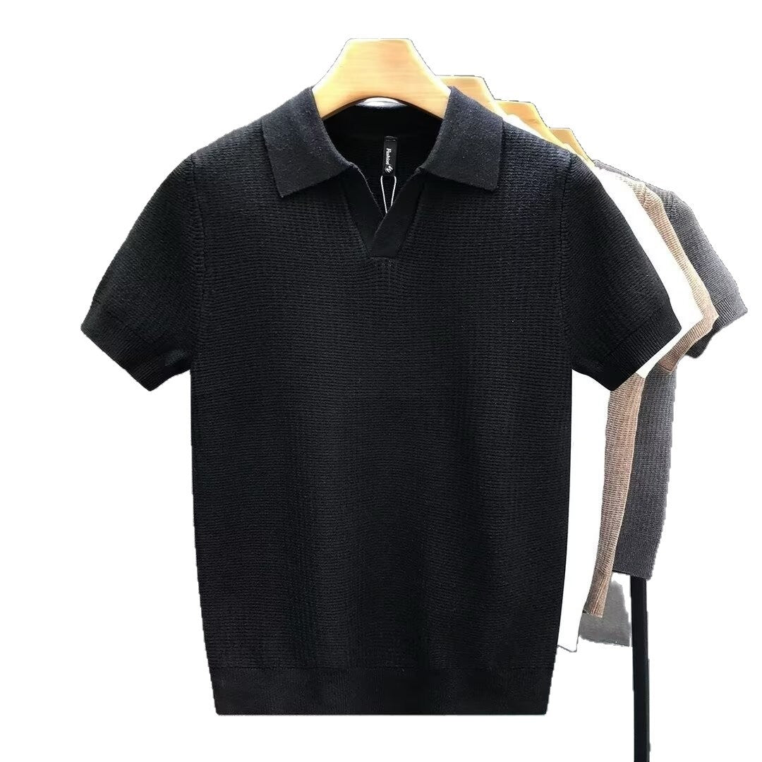 Stylish Slim-Fit Short-Sleeve Lapel Knitted Base Layer Shirt by Ricaloux
