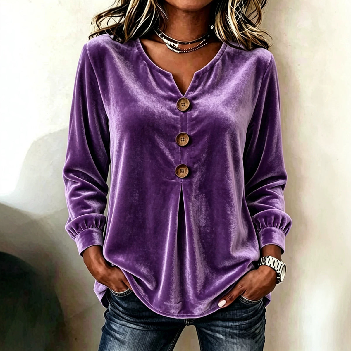 Elegant V-neck Buttoned Long-sleeve Velvet Blouse For Women by Ricaloux