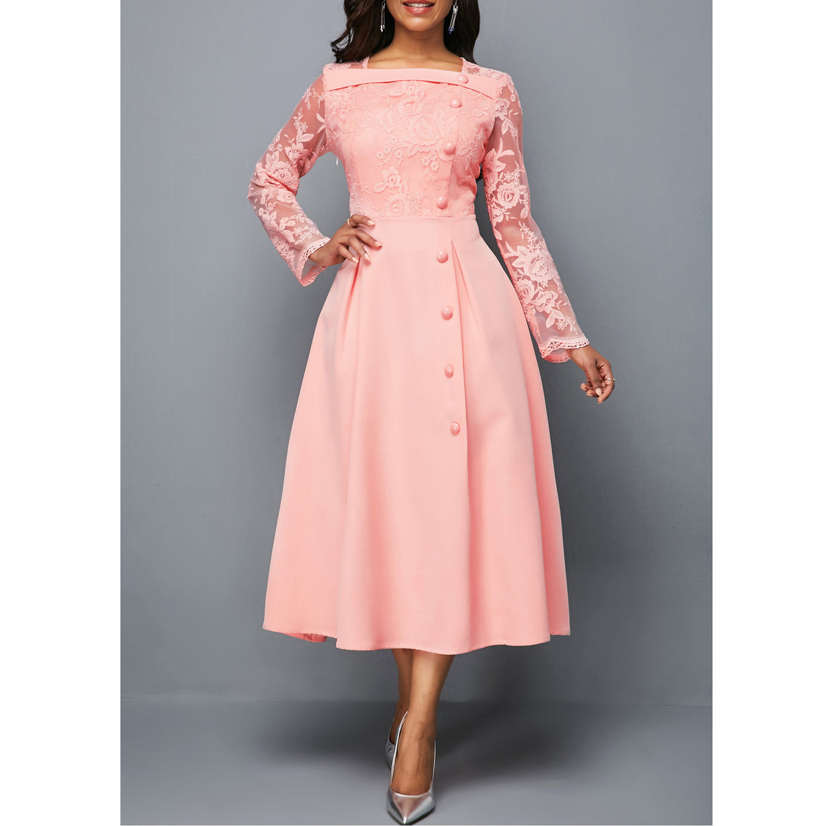Fashionable Round Neck Lace Women's Dress High Waist Long Sleeves Printed Mid-length Dress - RICALOUX