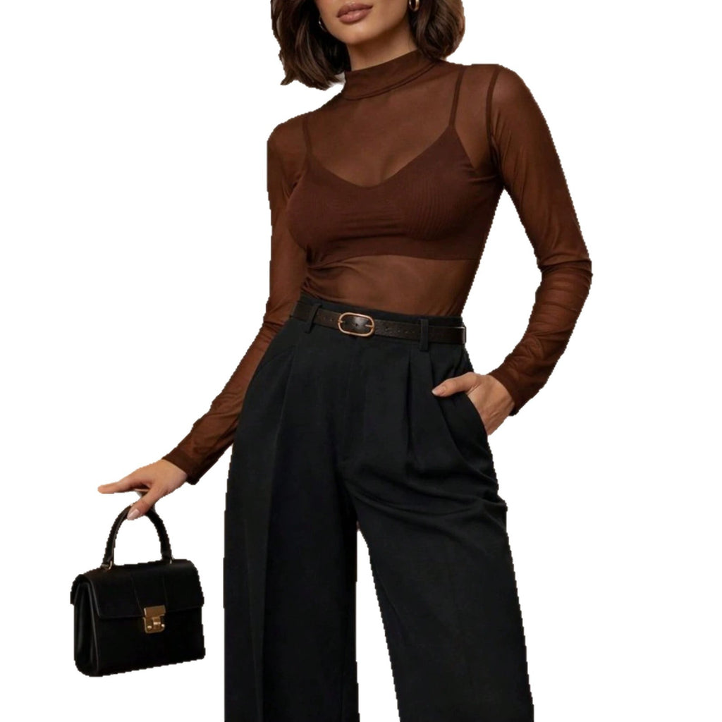 Womens Solid-color Mock-neck Sheer Mesh Bottoming Top by Ricaloux