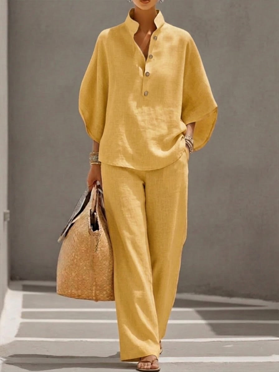 Linen Blend Stand Collar Half Button Batwing Sleeve Top & Wide Leg Pants Casual Two Piece Vacation Outfit Set by Ricaloux