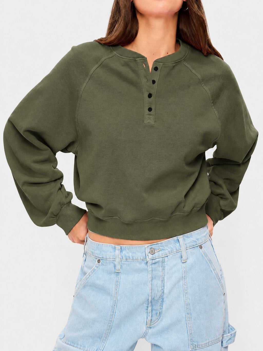 Womens Crew-neck Button-up Sweatshirt Loose-fit Casual Cropped Top by Ricaloux