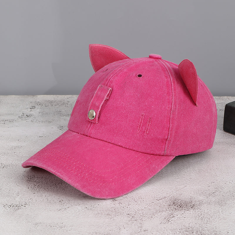 Washed And Distressed Three-dimensional Cat-ear Cat Whiskers Hole Baseball Cap, Sweet And Cool Street Style Daily Sun Protection – Premium 4 | RICALOUX