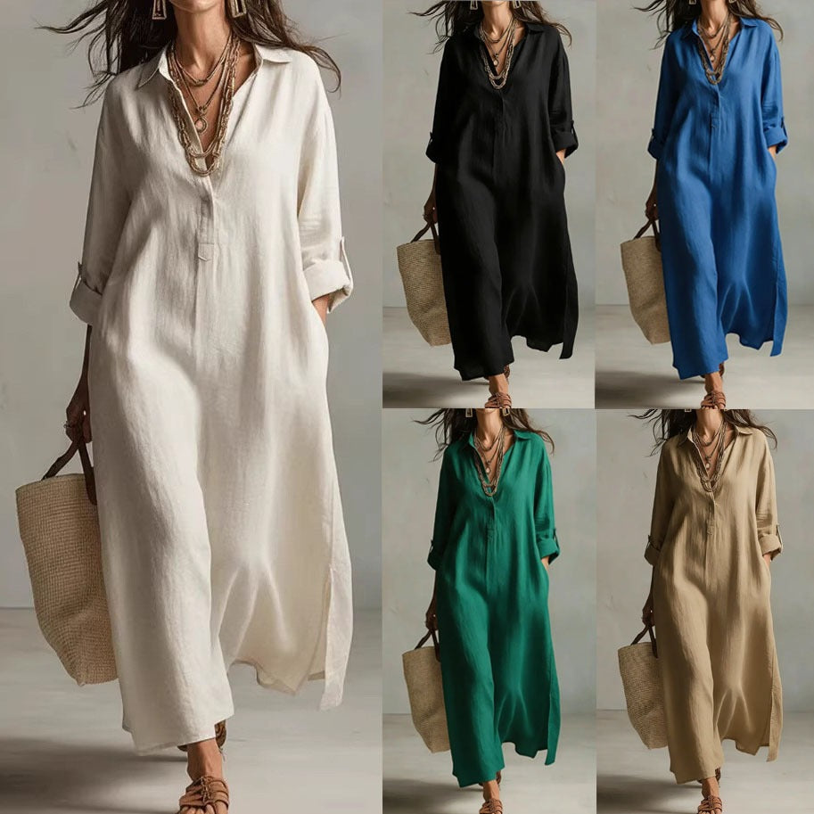 A Beige Linen Shirt Dress With A Relaxed French Vacation Vibe, Featuring A Turned-down Collar With A Half-placket, Rolled-up Sleeves, Side-slit Pockets, And A Long Shirt Dress Designperfect For Trave – Premium 4 | RICALOUX