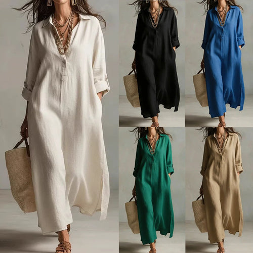 A Beige Linen Shirt Dress With A Relaxed French Vacation Vibe, Featuring A Turned-down Collar With A Half-placket, Rolled-up Sleeves, Side-slit Pockets, And A Long Shirt Dress Designperfect For Trave – Premium 4 | RICALOUX