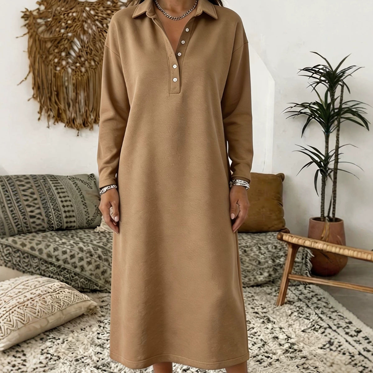 Knitted Sweater Dress With A Shirt Collar And Long Sleeves Simple And Elegant – Premium 0 | RICALOUX