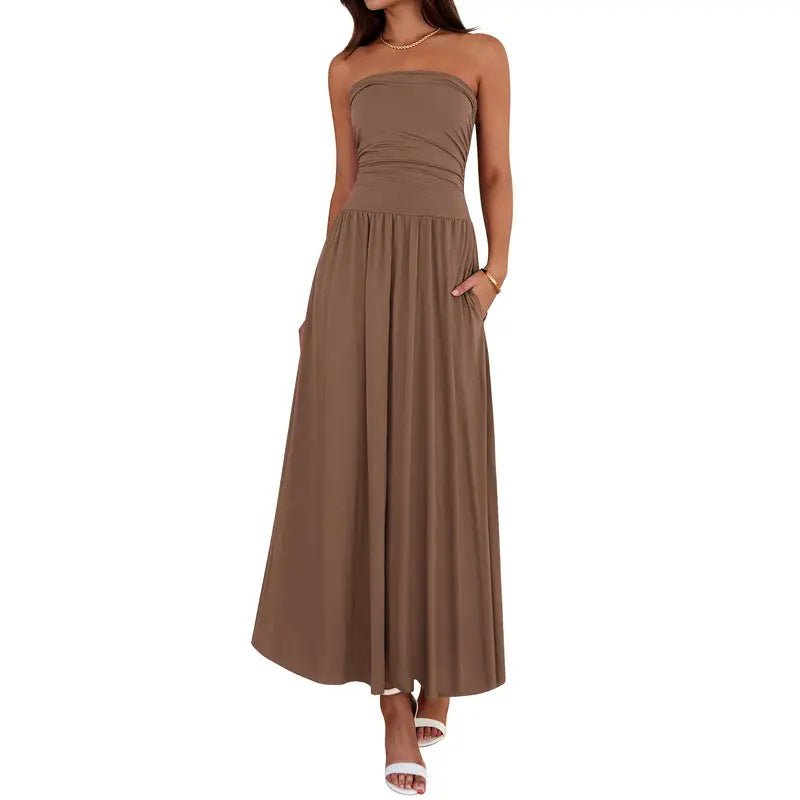 Vintage-tinged Pleated Patchwork Strapless Evening Dress by Ricaloux