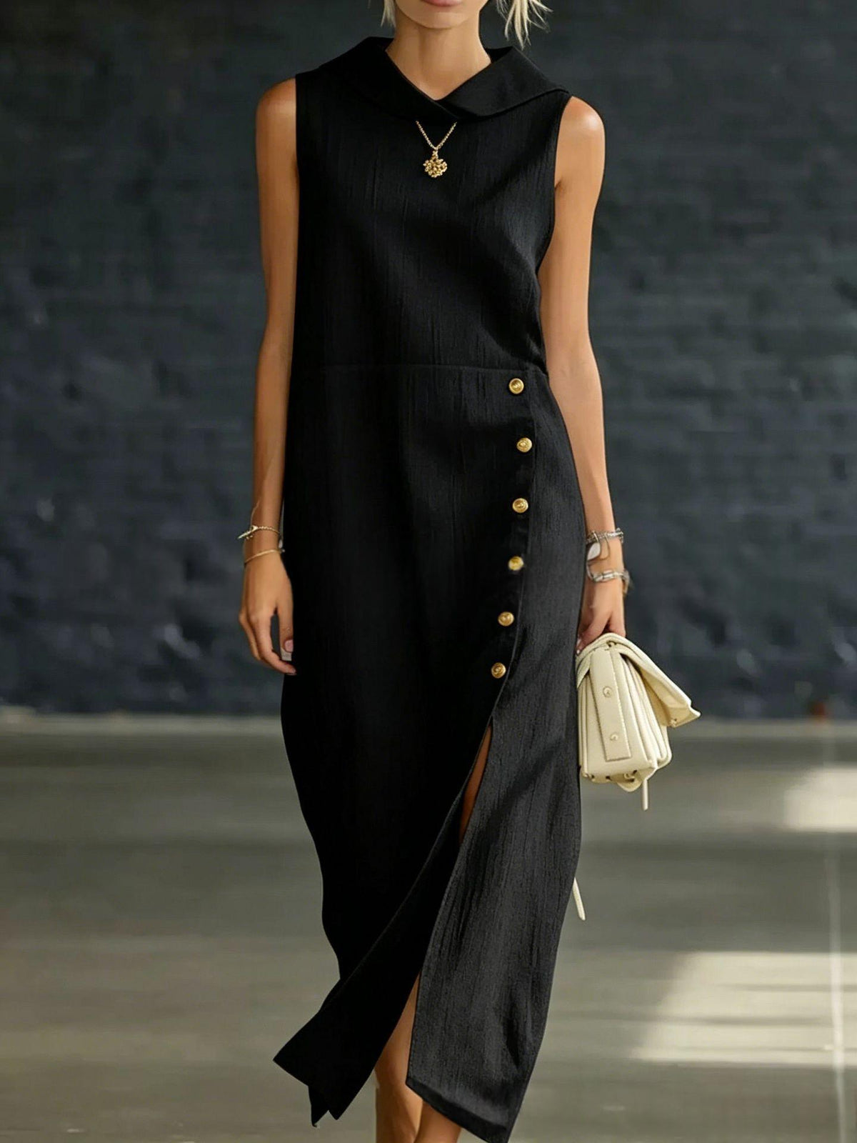 Womens Solid-Color Slit-Neckline Button-Down Long Dress by Ricaloux