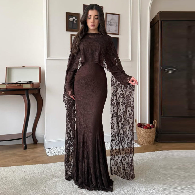 Womens Lace Slim-Fit Stylish Cape Dress – Premium 0 | RICALOUX