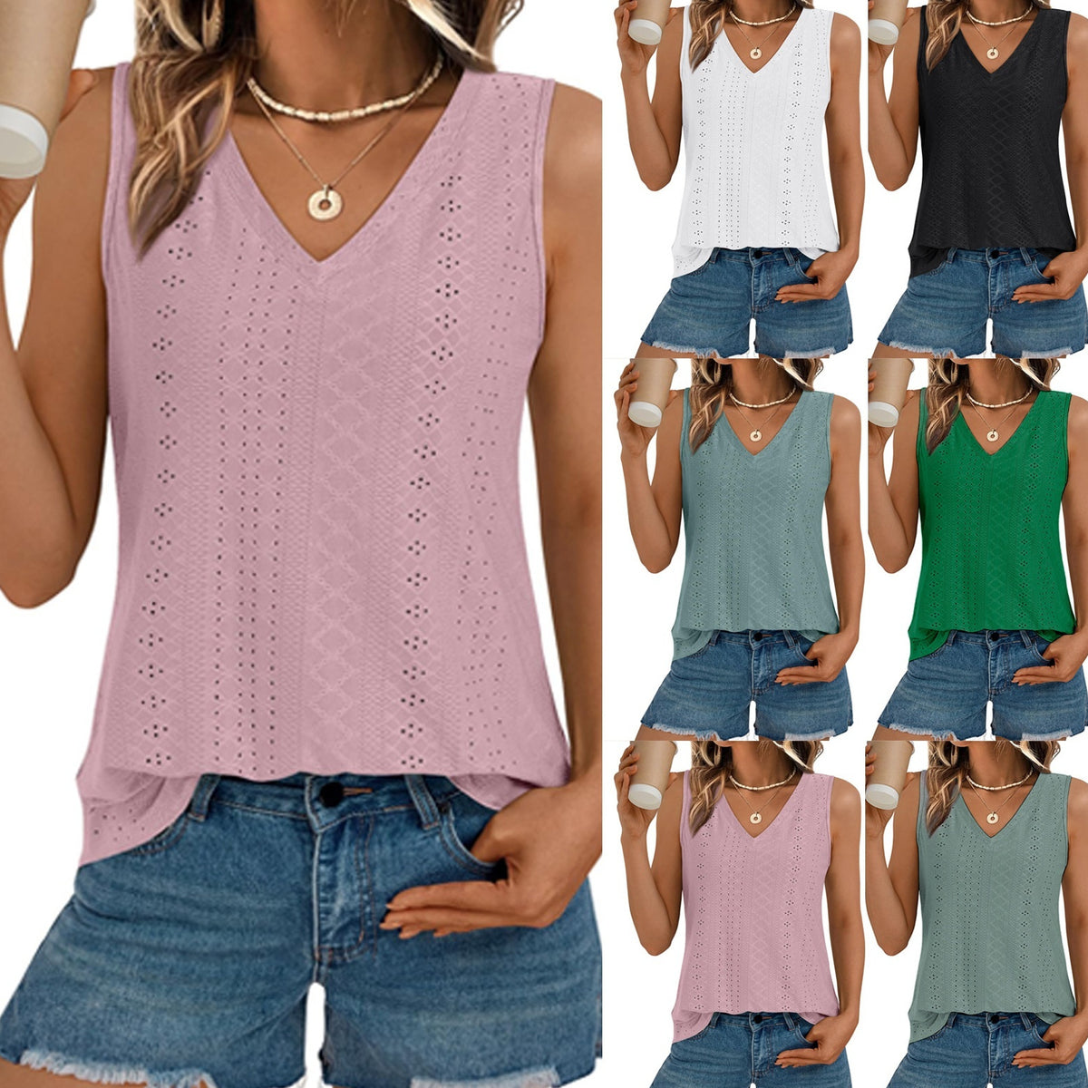 V-neck Vest Hole Hollow-out Sleeveless Top by Ricaloux