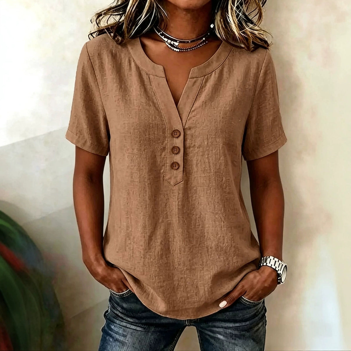 Casual Loose-fit Cotton-linen V-neck Button-up Top by Ricaloux