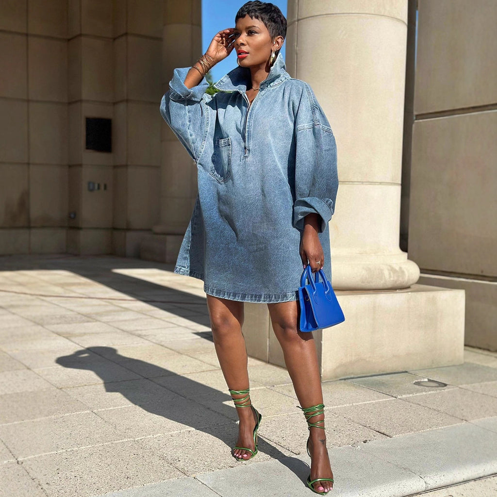 Womens Relaxed-Style Fashionable Denim Skirt With Notch Lapel Ombre Long Sleeves by Ricaloux