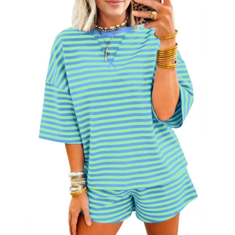 Womens Short-Sleeve Striped Print Two-Piece Set by Ricaloux