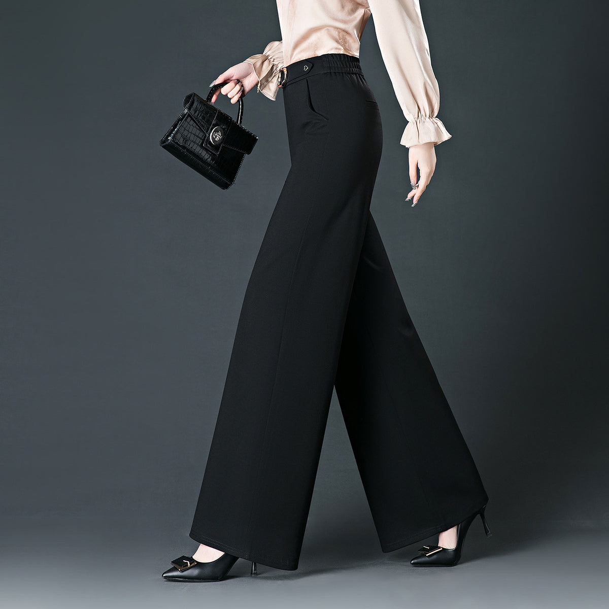 Spring Womens New Arrival Loose-fitting Straight-leg Versatile Black Wide-leg Pants by Ricaloux