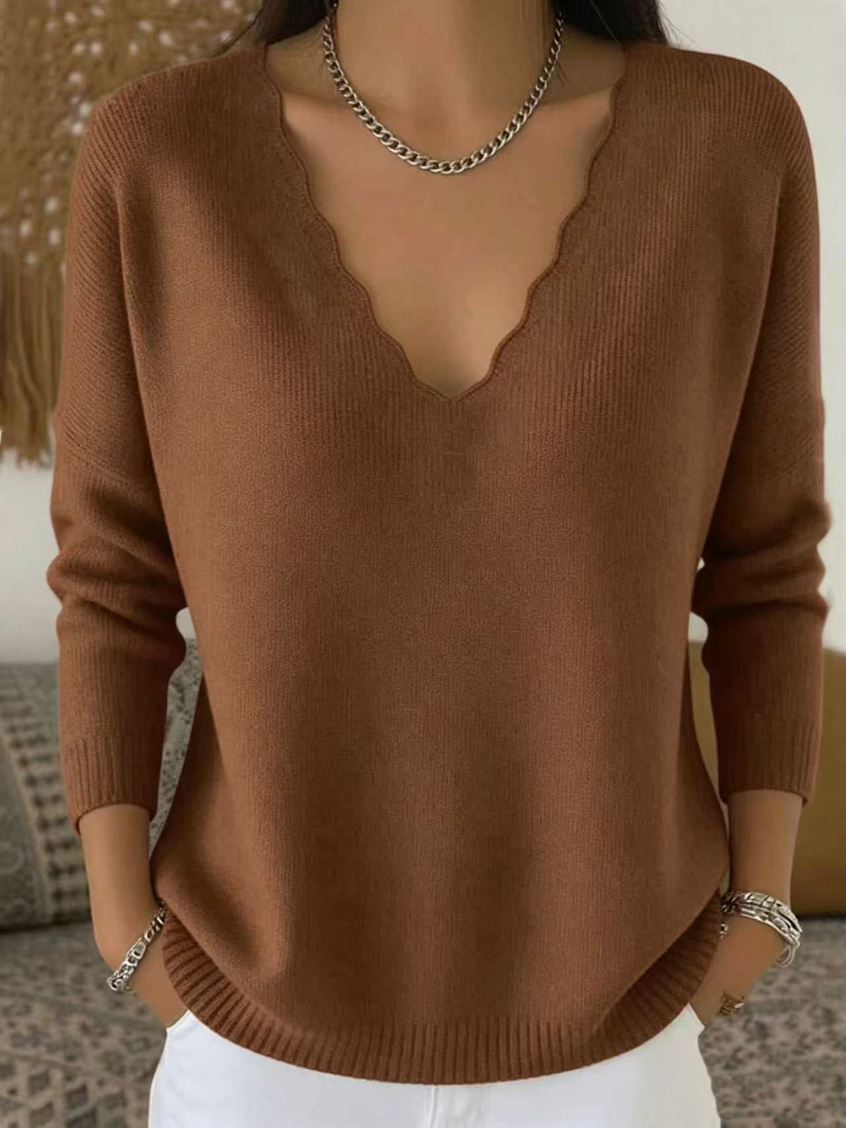 Solid-color Casual Knitted V-neck Loose Sweater – Premium 0 | RICALOUX