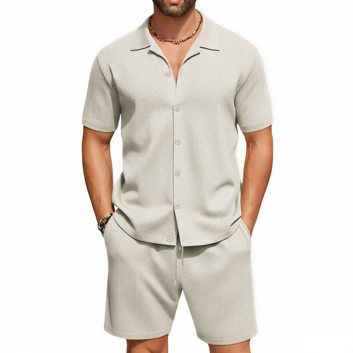Versatile Apricot-colored Cuban-collar Short-sleeve Shirt And Shorts Two-piece Set – Premium 0 | RICALOUX
