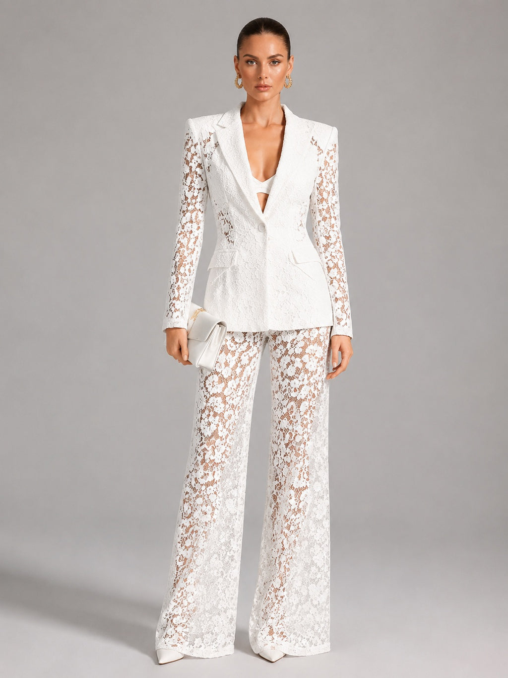 Floral Lace Single Button Blazer & High Waist Wide Leg Pants 2-Piece Suit Set by Ricaloux