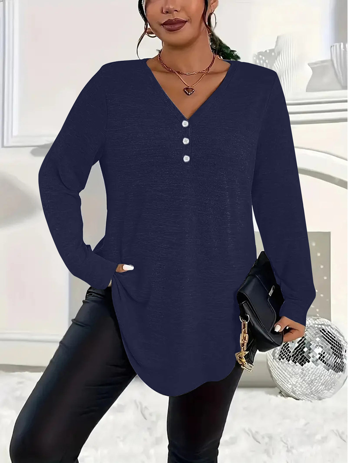 Womens Plus-Size Solid-Color Long-Sleeve Top With Buttons – Premium 0 | RICALOUX