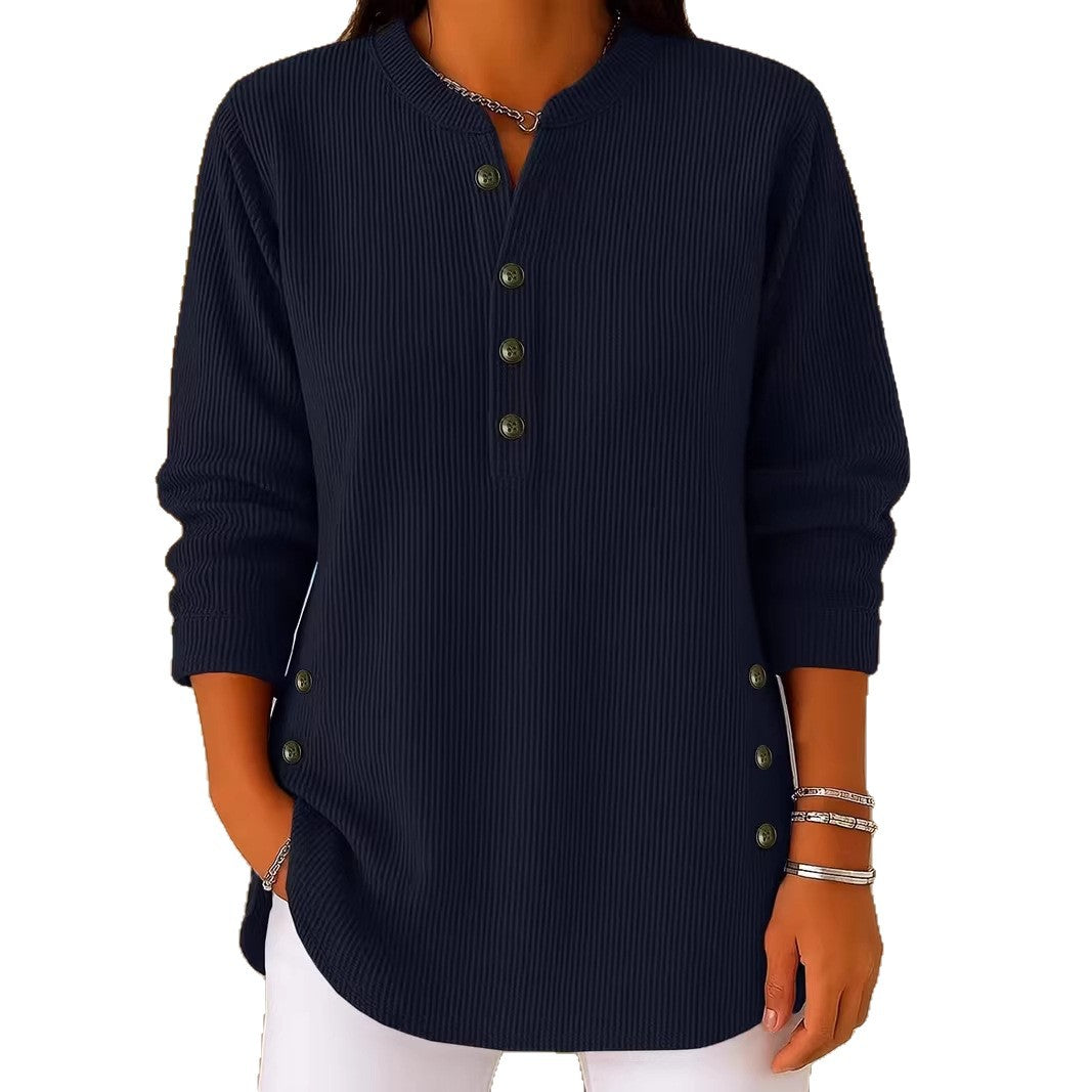 Womens Solid-color Corduroy Casual V-neck Long-sleeve Top With Buttons by Ricaloux