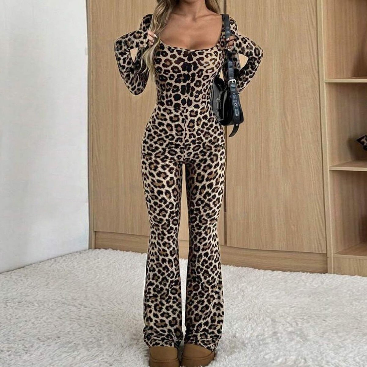 Women's Slim-fit Hip-wrapped Square Collar Leopard Print Jumpsuit - RICALOUX