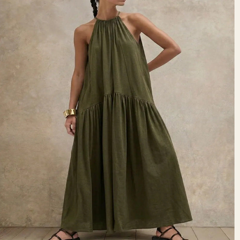 Halter-neck Sleeveless Cotton-linen Dress by Ricaloux