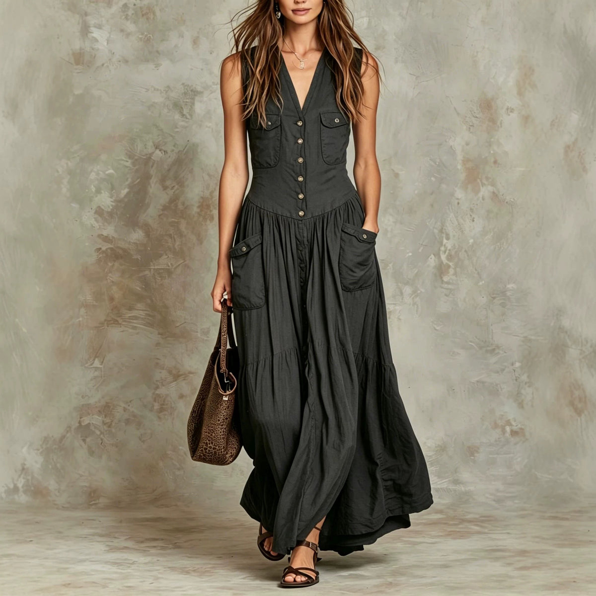 Relaxed-fit Sleeveless Casual V-neck Vintage Dress With Buttons by Ricaloux