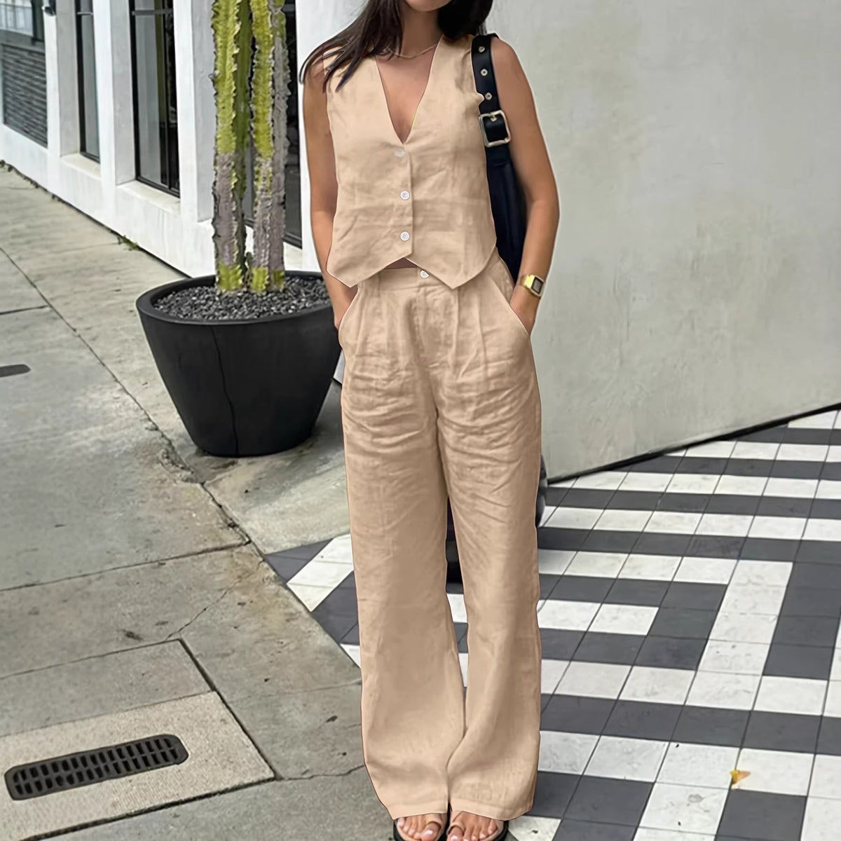 Fabric V-neck Vest High-waisted Wide-leg Pants Casual Two-piece Set by Ricaloux