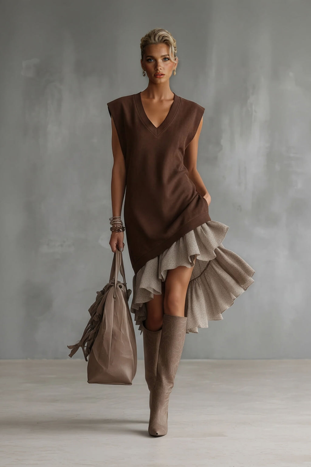 Solid-color Casual European-American Style Flounced Midi Skirt by Ricaloux